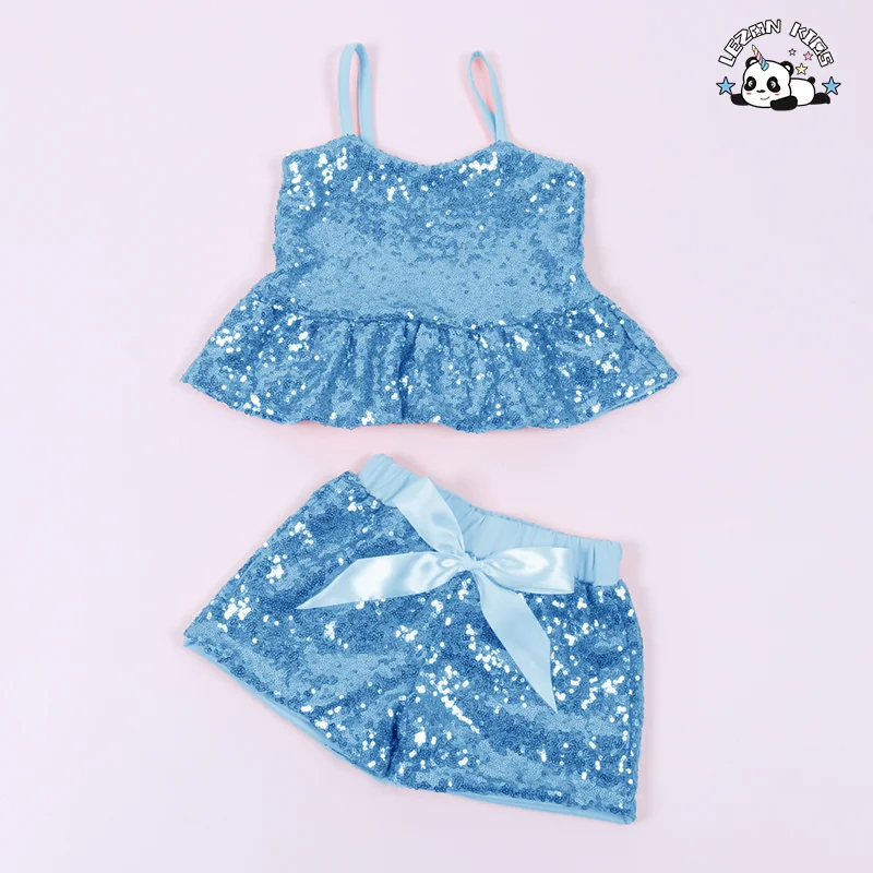 LEZONKIDS - Custom Logo Summer Girls Casual Cotton Suspender Vest Sequins Top Shorts Suit